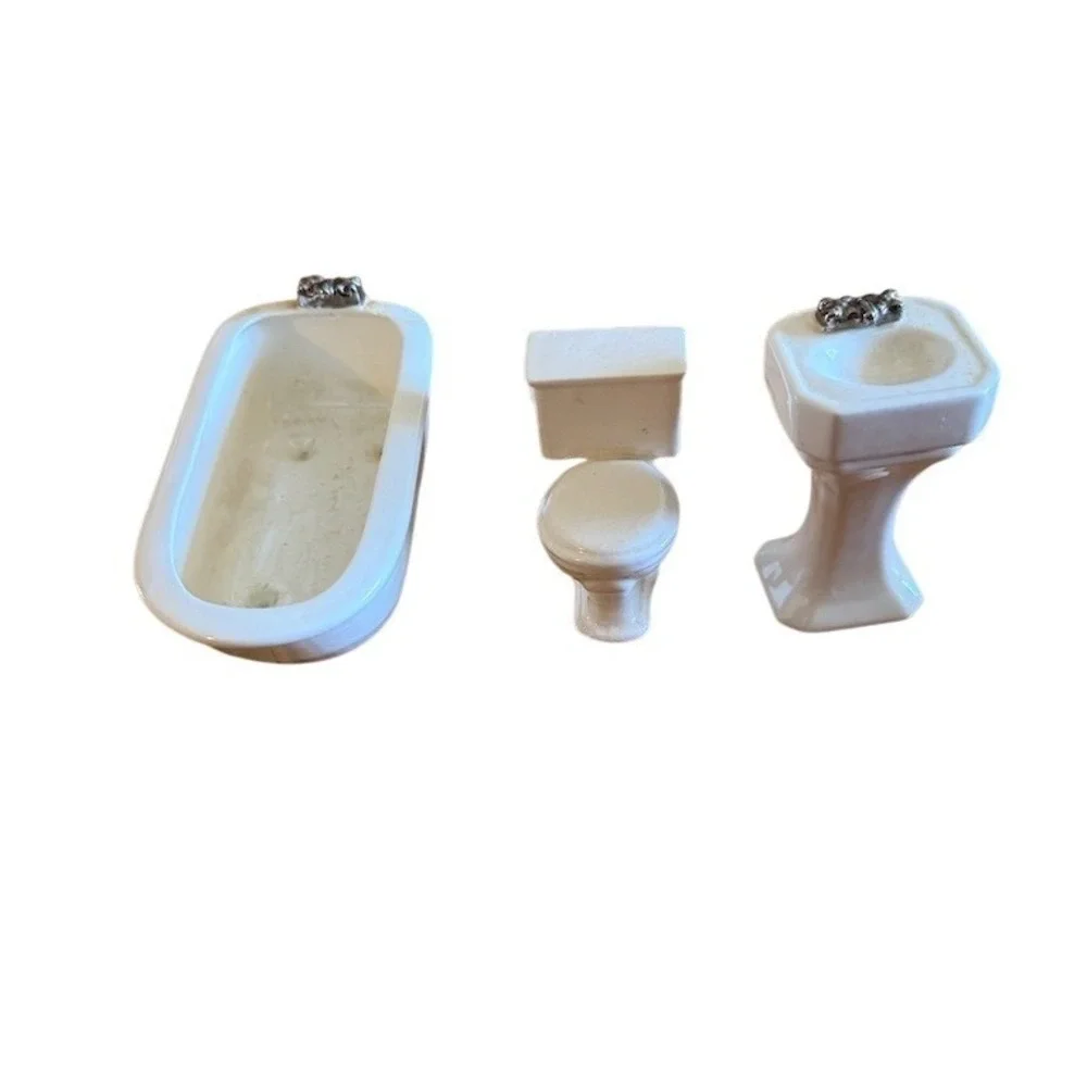 Miniature Dollhouse Bathroom Set Victorian White Tub Toilet Pedestal Sink